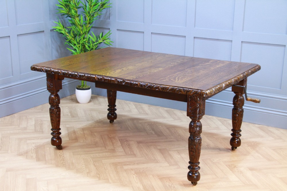 Antique Edwardian Carved Solid Oak 1 Leaf Wind Out Dining Table Restored C1880