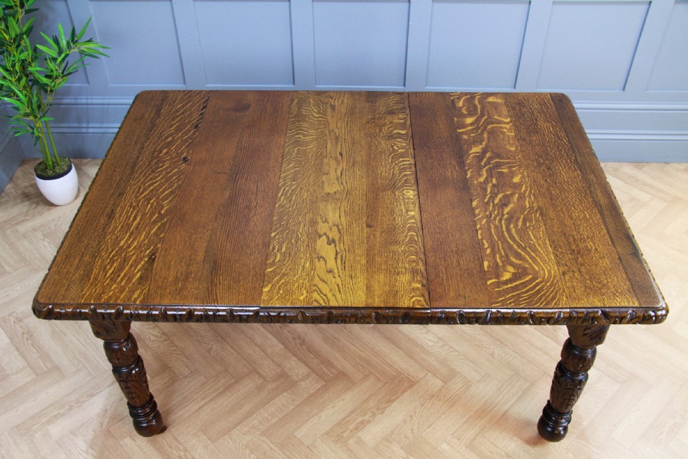 Antique Edwardian Carved Solid Oak 1 Leaf Wind Out Dining Table Restored C1880 View IV