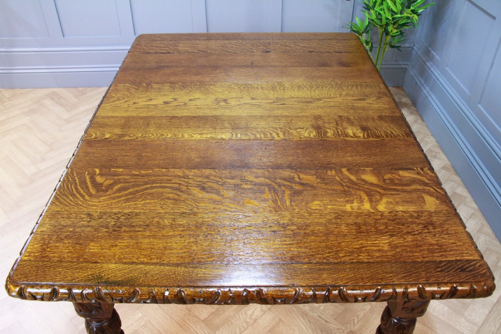 Antique Edwardian Carved Solid Oak 1 Leaf Wind Out Dining Table Restored C1880 View V