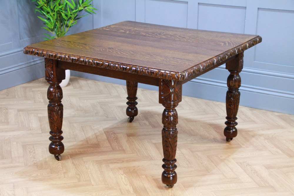 Antique Edwardian Carved Solid Oak 1 Leaf Wind Out Dining Table Restored C1880 View VI