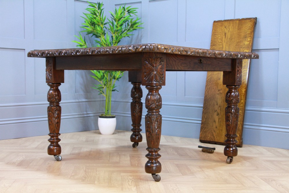 Antique Edwardian Carved Solid Oak 1 Leaf Wind Out Dining Table Restored C1880 View VII