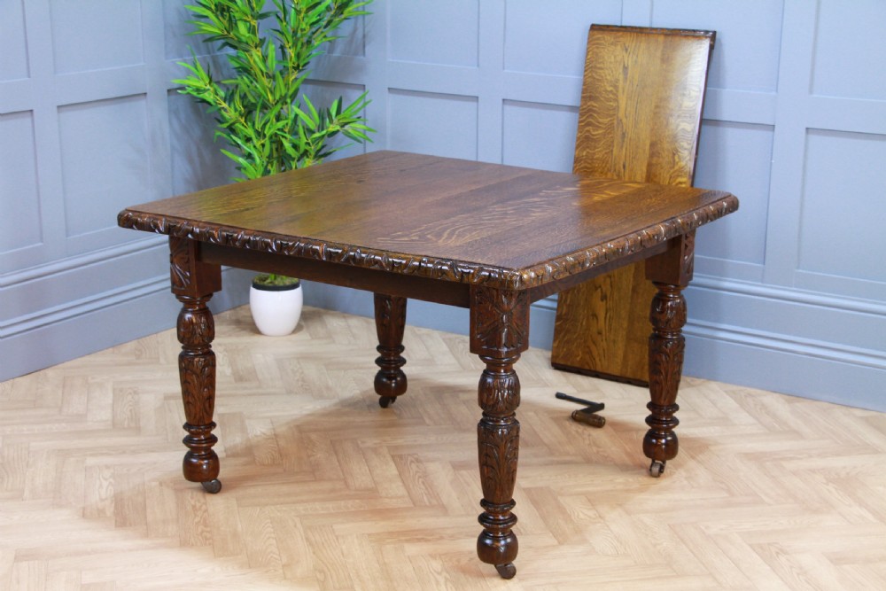 Antique Edwardian Carved Solid Oak 1 Leaf Wind Out Dining Table Restored C1880 View VIII