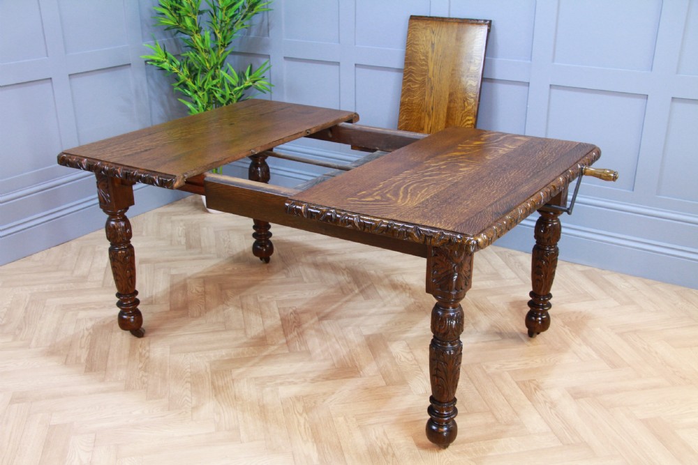 Antique Edwardian Carved Solid Oak 1 Leaf Wind Out Dining Table Restored C1880 View IX
