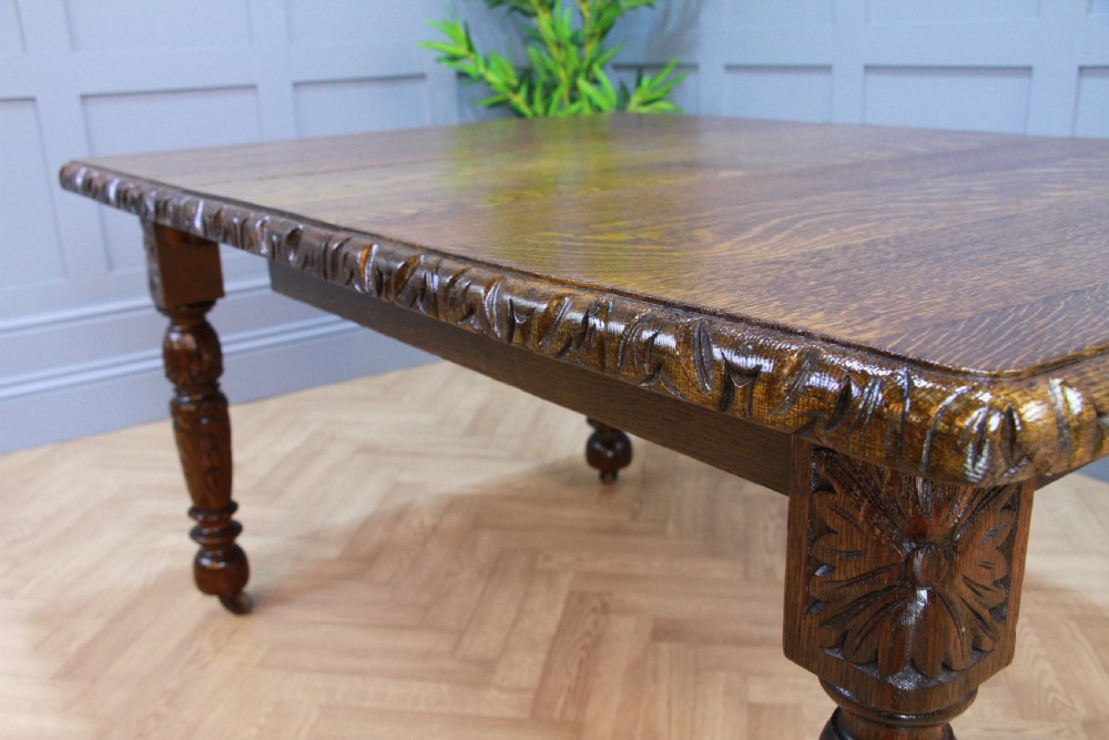 Antique Edwardian Carved Solid Oak 1 Leaf Wind Out Dining Table Restored C1880 View X