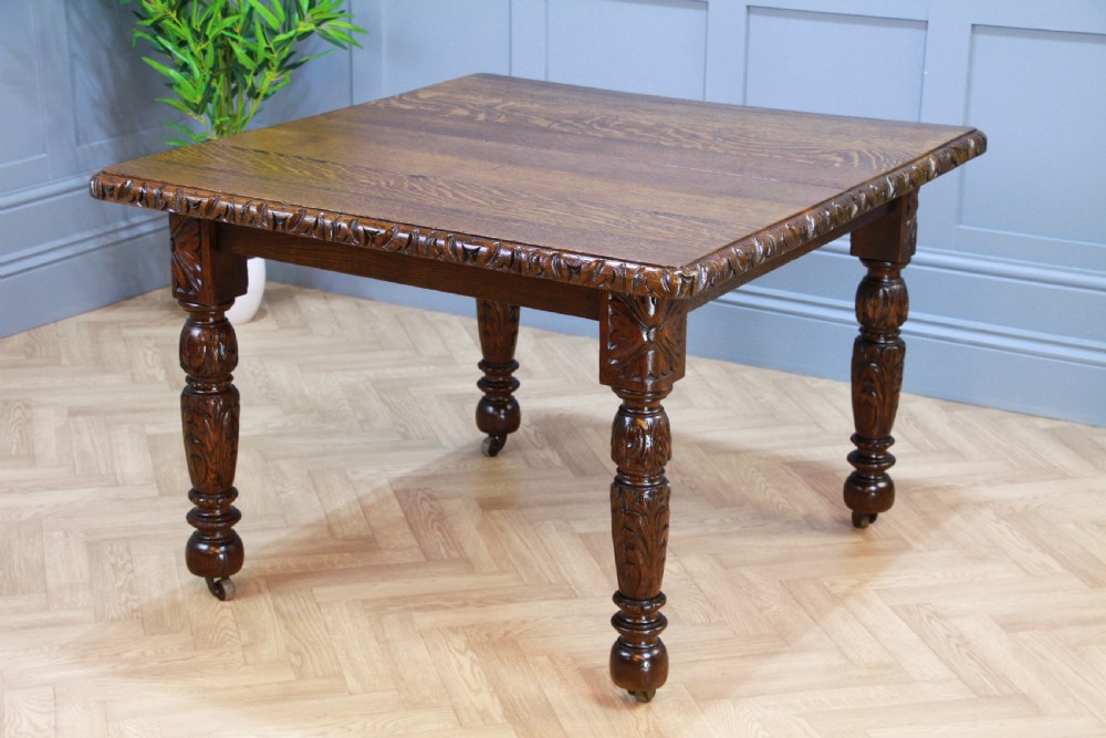 Antique Edwardian Carved Solid Oak 1 Leaf Wind Out Dining Table Restored C1880 View XI