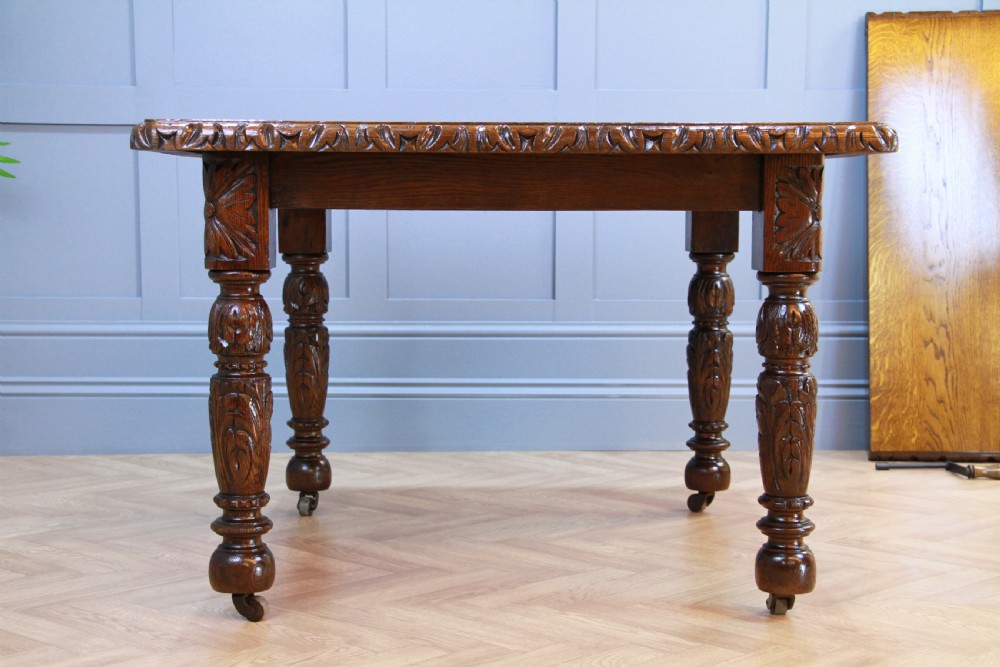Antique Edwardian Carved Solid Oak 1 Leaf Wind Out Dining Table Restored C1880 View XII