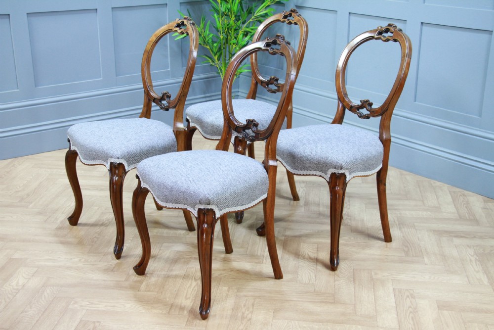 Set of 4 Antique Victorian Walnut Balloon Back Dining Chairs Cabriole Legs Original View VII