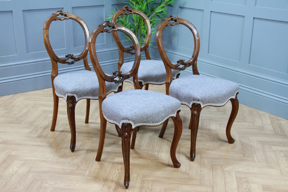 Set of 4 Antique Victorian Walnut Balloon Back Dining Chairs Cabriole Legs Original View VIII