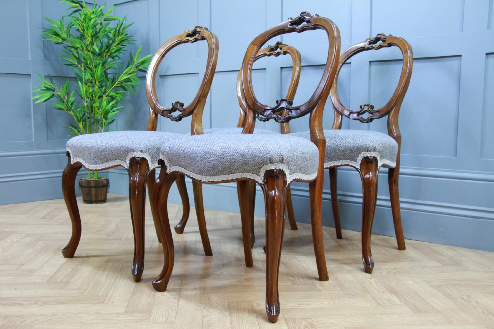 Set of 4 Antique Victorian Walnut Balloon Back Dining Chairs Cabriole Legs Original View IX