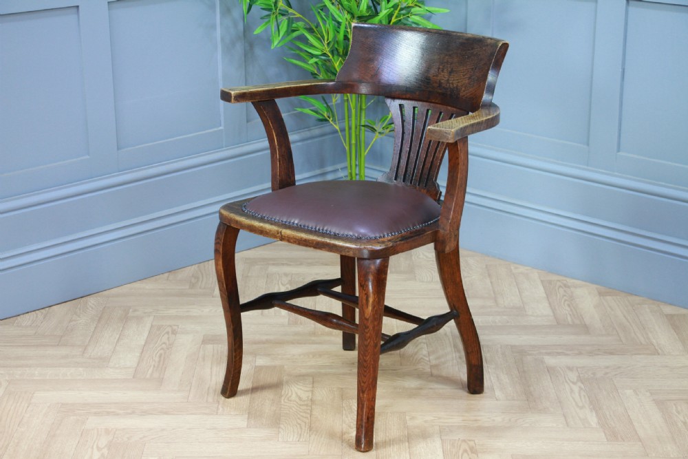 Antique Edwardian Medium Oak Office Carver Desk Chair Smokers Bow Leather 1920's View II