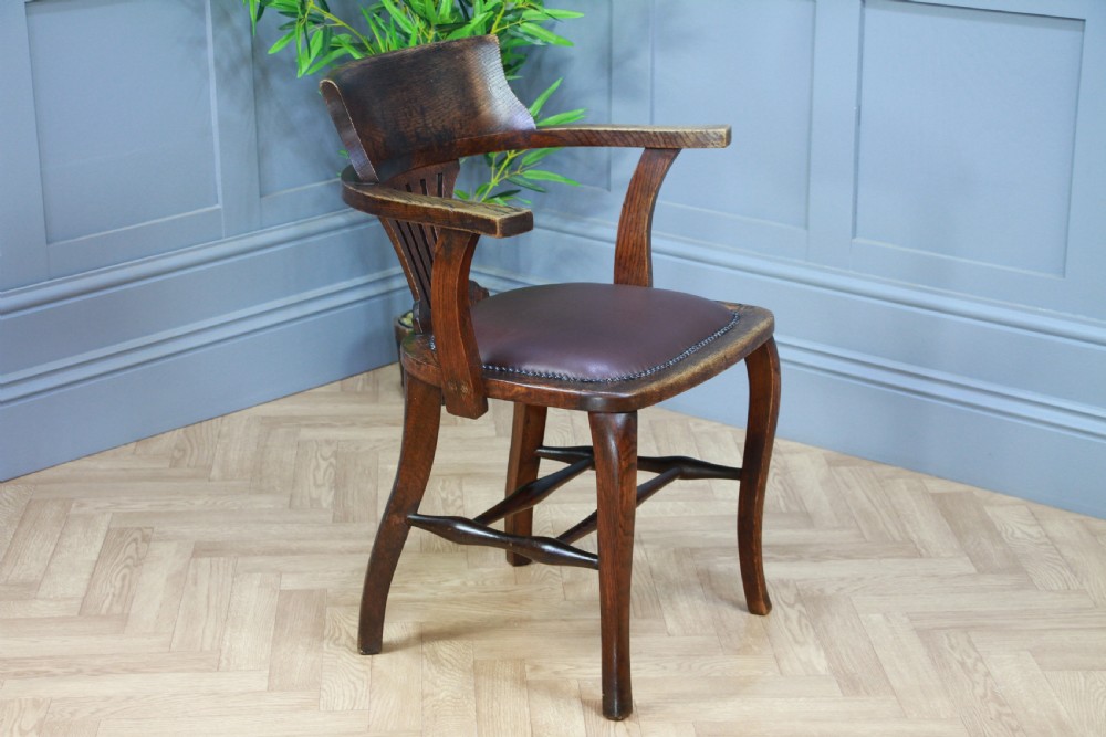 Antique Edwardian Medium Oak Office Carver Desk Chair Smokers Bow Leather 1920's View III