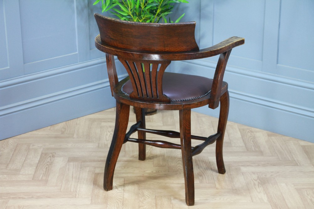 Antique Edwardian Medium Oak Office Carver Desk Chair Smokers Bow Leather 1920's View IV