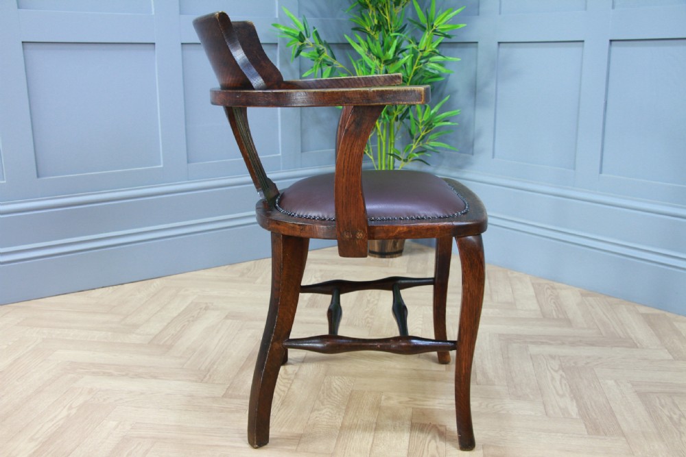 Antique Edwardian Medium Oak Office Carver Desk Chair Smokers Bow Leather 1920's View VI