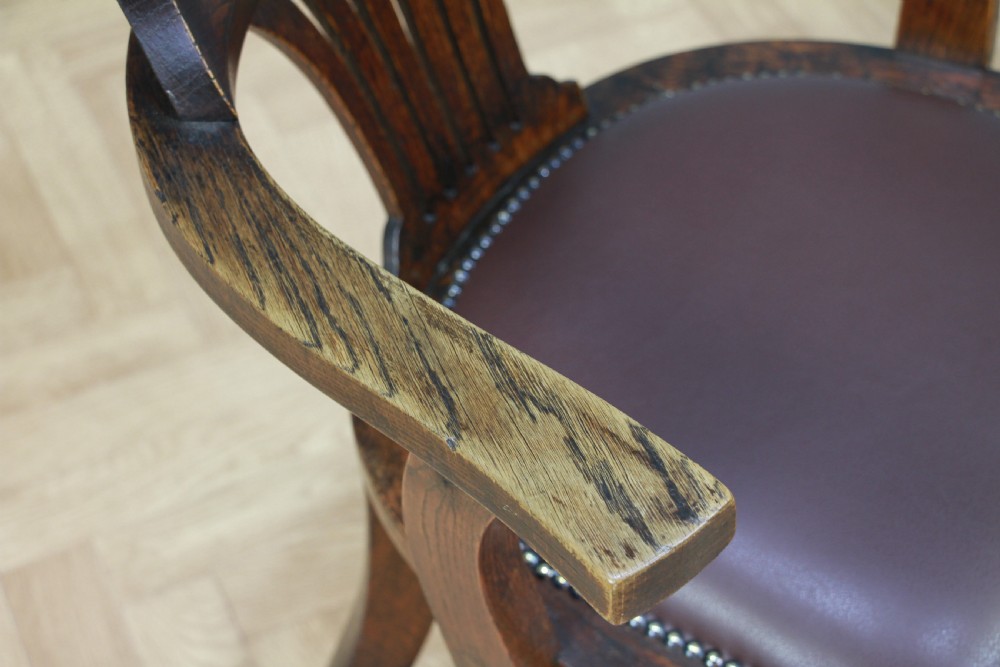 Antique Edwardian Medium Oak Office Carver Desk Chair Smokers Bow Leather 1920's View VII