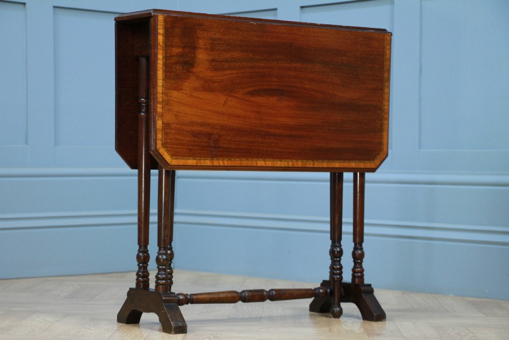 Edwardian Inlaid Solid Mahogany Small Drop Leaf Sutherland Occasional Table View VIII