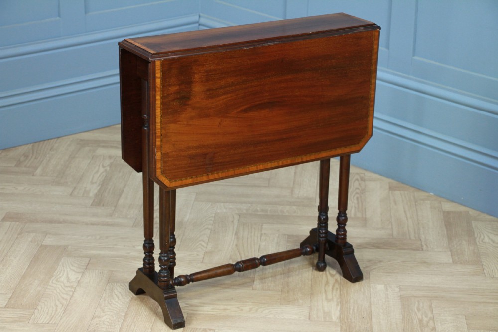 Edwardian Inlaid Solid Mahogany Small Drop Leaf Sutherland Occasional Table View IX