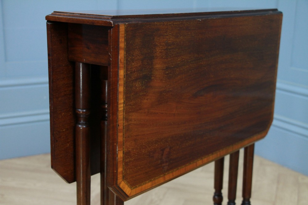Edwardian Inlaid Solid Mahogany Small Drop Leaf Sutherland Occasional Table View XI