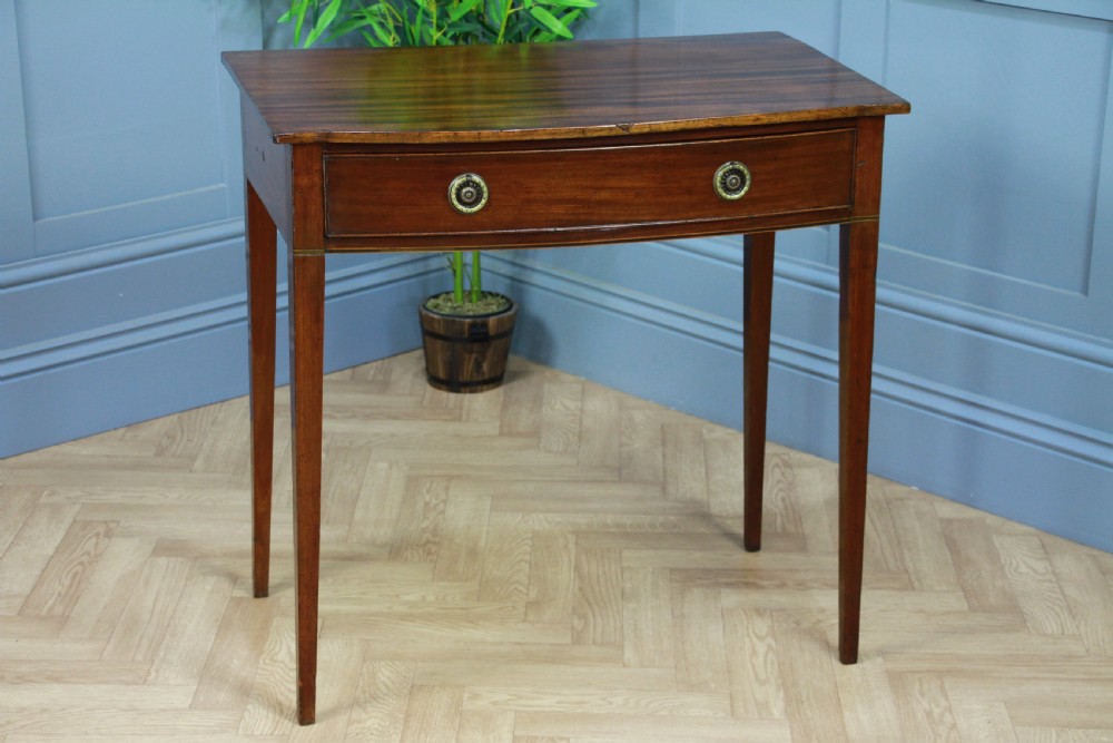 Original Antique Georgian Flame Grain Mahogany Bow Front Desk Side Hall Table View II