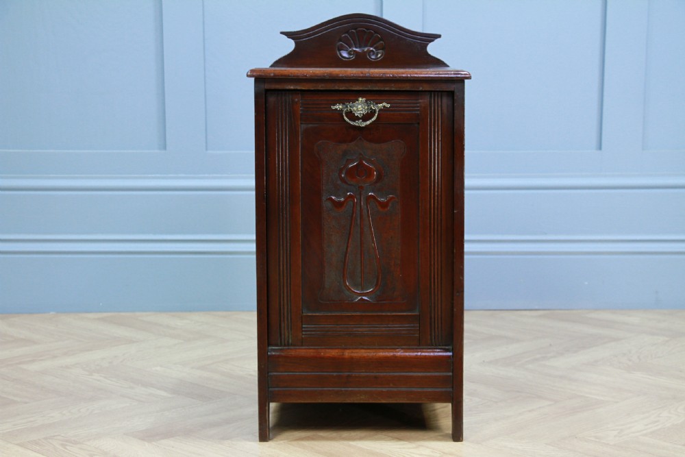 Antique Edwardian Art Nouveau Walnut Fireside Coal Purdonium Cabinet Scuttle View VI