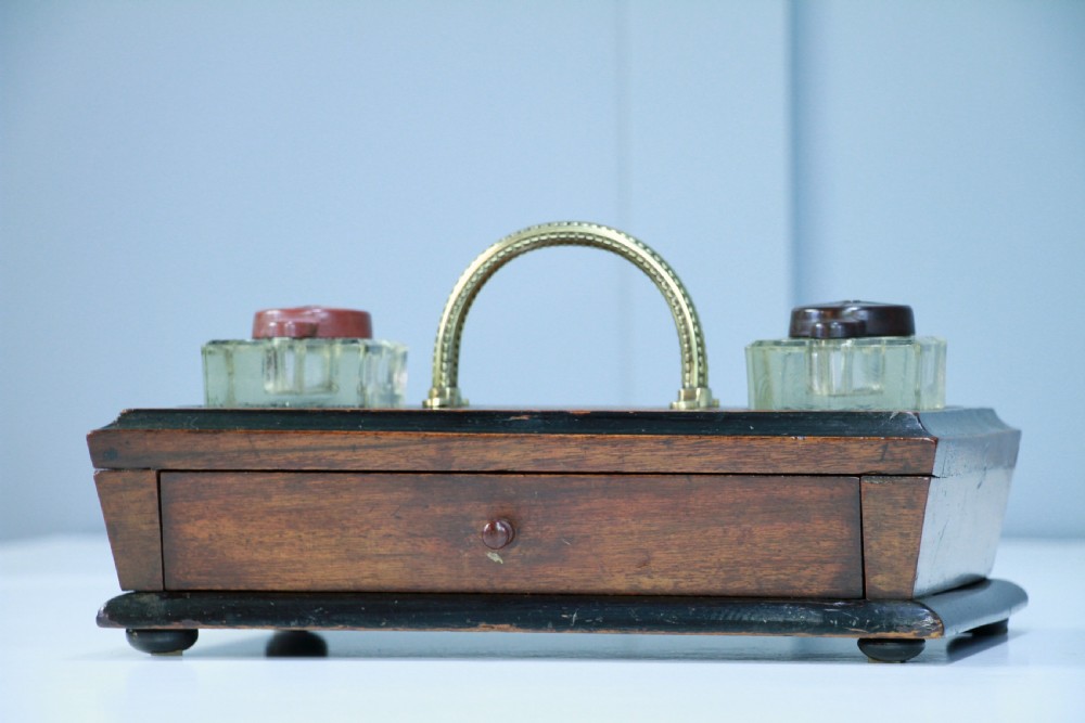 Antique Edwardian Writing Inkstand Two Inkwell Desk Tidy Companion With Drawer View II