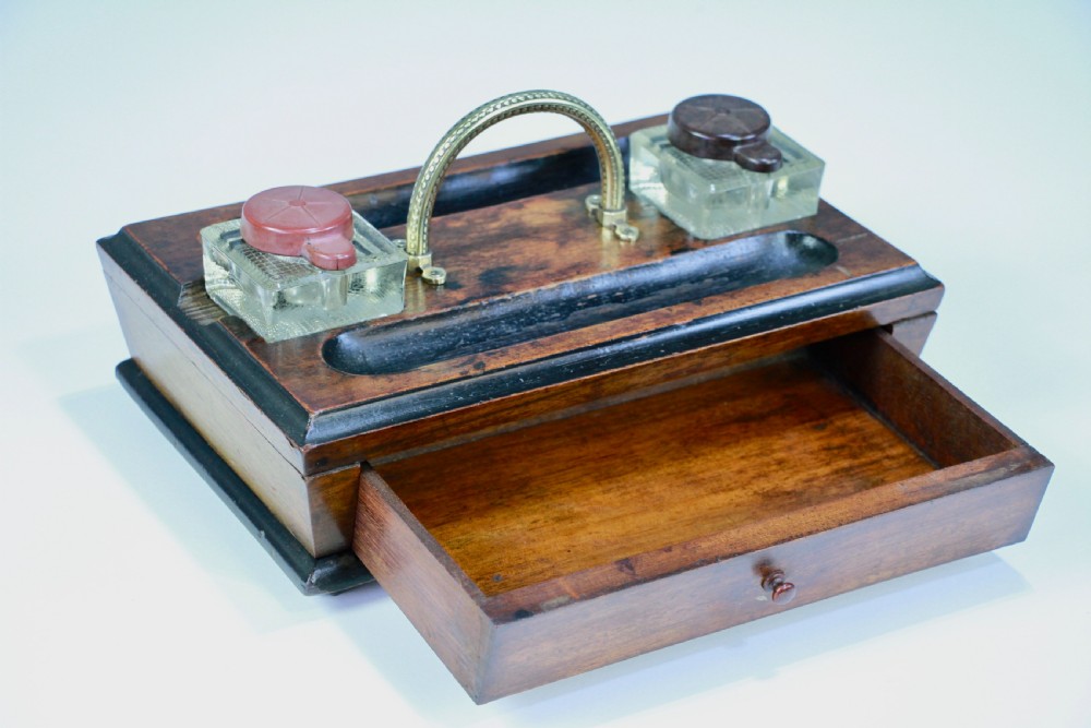 Antique Edwardian Writing Inkstand Two Inkwell Desk Tidy Companion With Drawer View IV