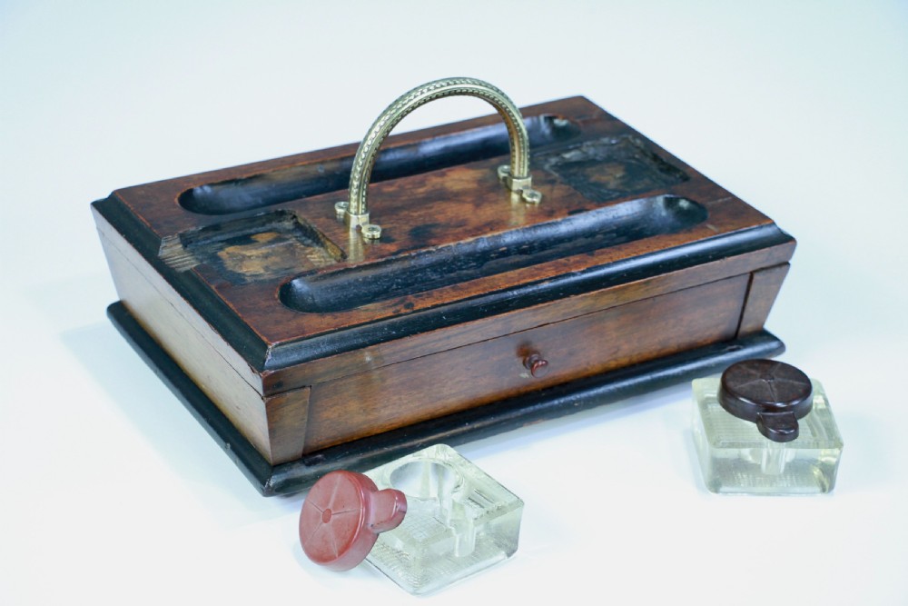 Antique Edwardian Writing Inkstand Two Inkwell Desk Tidy Companion With Drawer View V
