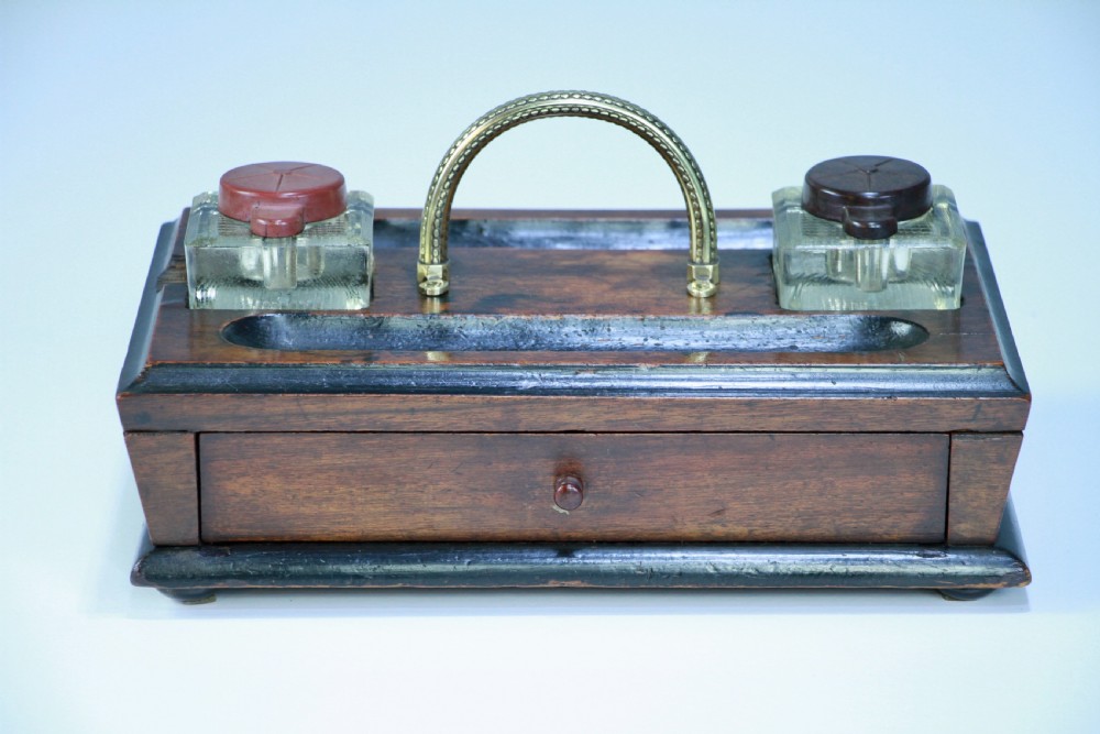 Antique Edwardian Writing Inkstand Two Inkwell Desk Tidy Companion With Drawer View VI