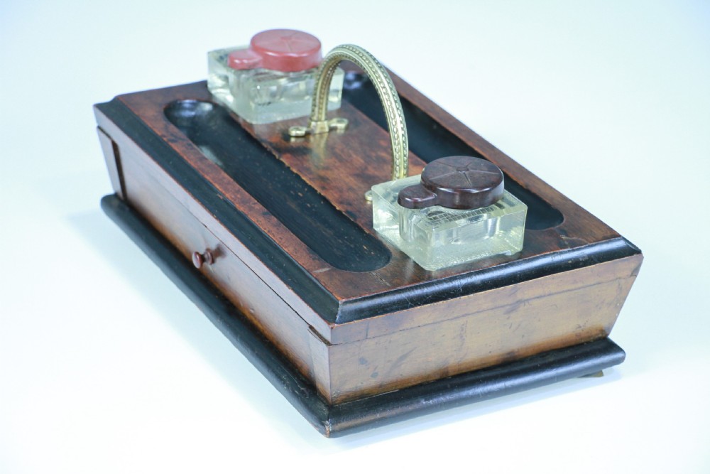 Antique Edwardian Writing Inkstand Two Inkwell Desk Tidy Companion With Drawer View VII