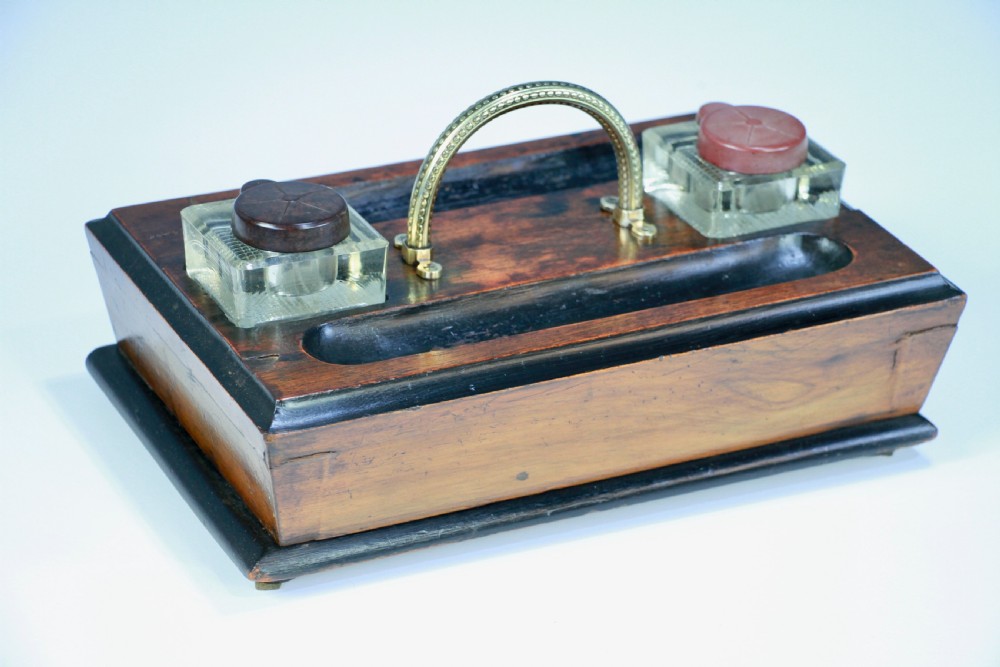 Antique Edwardian Writing Inkstand Two Inkwell Desk Tidy Companion With Drawer View VIII