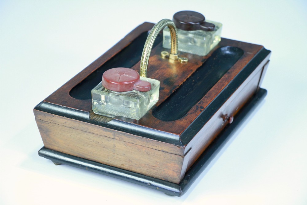 Antique Edwardian Writing Inkstand Two Inkwell Desk Tidy Companion With Drawer View IX