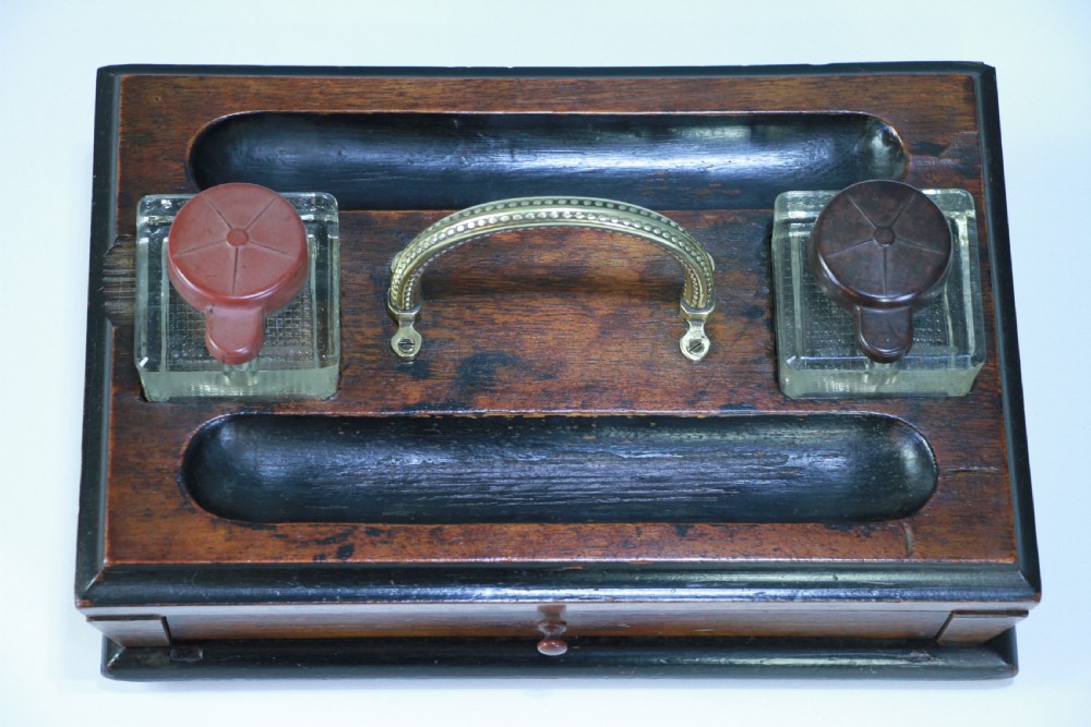 Antique Edwardian Writing Inkstand Two Inkwell Desk Tidy Companion With Drawer View X