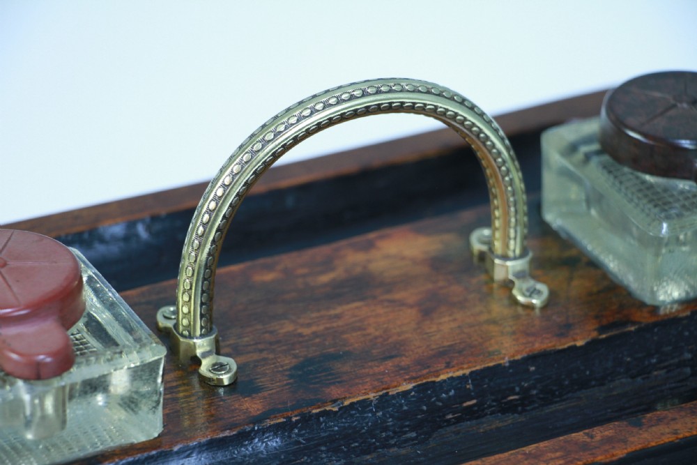 Antique Edwardian Writing Inkstand Two Inkwell Desk Tidy Companion With Drawer View XI