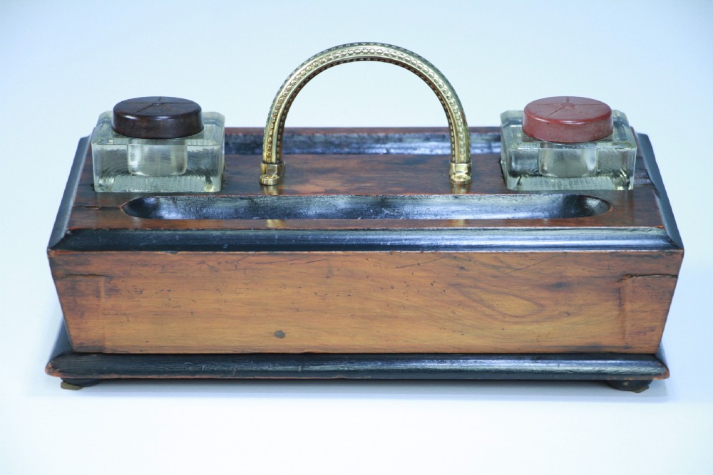 Antique Edwardian Writing Inkstand Two Inkwell Desk Tidy Companion With Drawer View XII