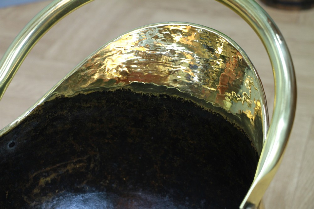 Antique Edwardian Solid Brass Helmet Coal Bucket Fireside Scuttle Kindling Log View X