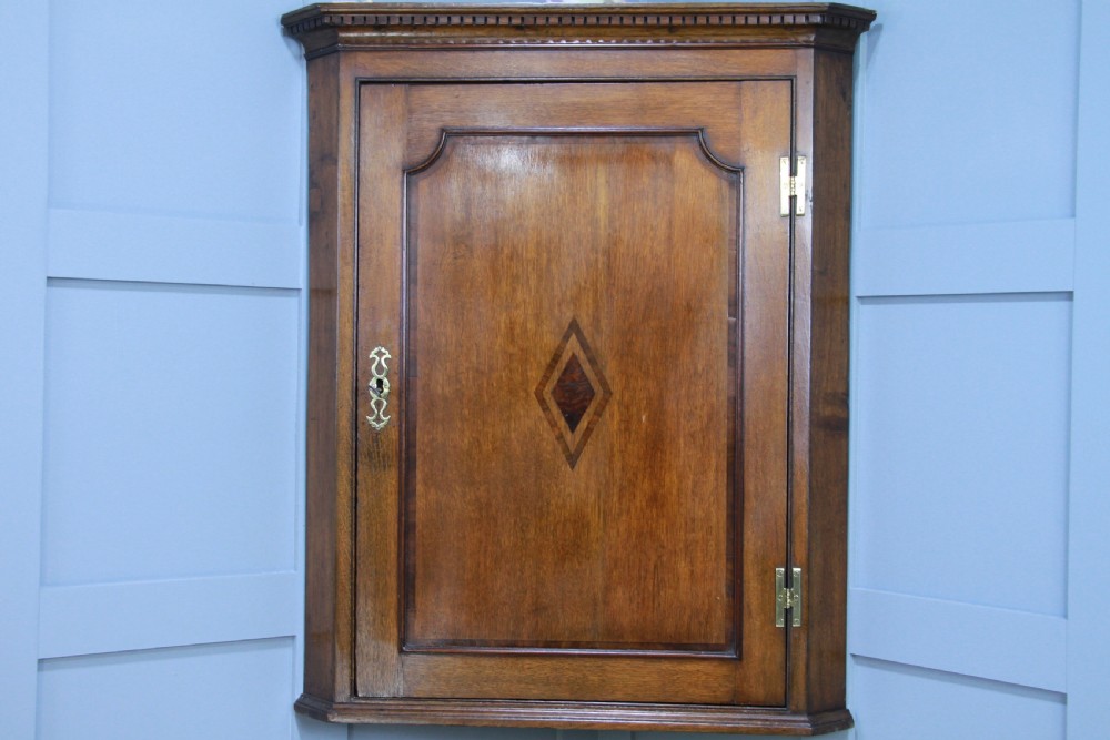Antique Georgian Oak Inlaid Corner Wall Hanging Cupboard Cabinet Drinks C1825 View II