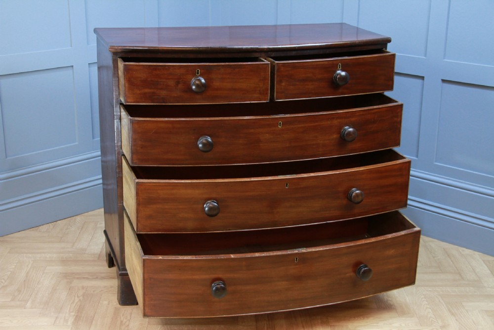 Antique Original Georgian Large Bow Front Solid Mahogany Chest of 5 Drawers 1830 View II