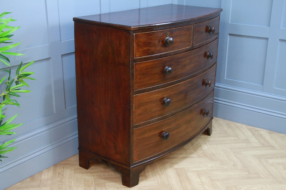 Antique Original Georgian Large Bow Front Solid Mahogany Chest of 5 Drawers 1830 View III