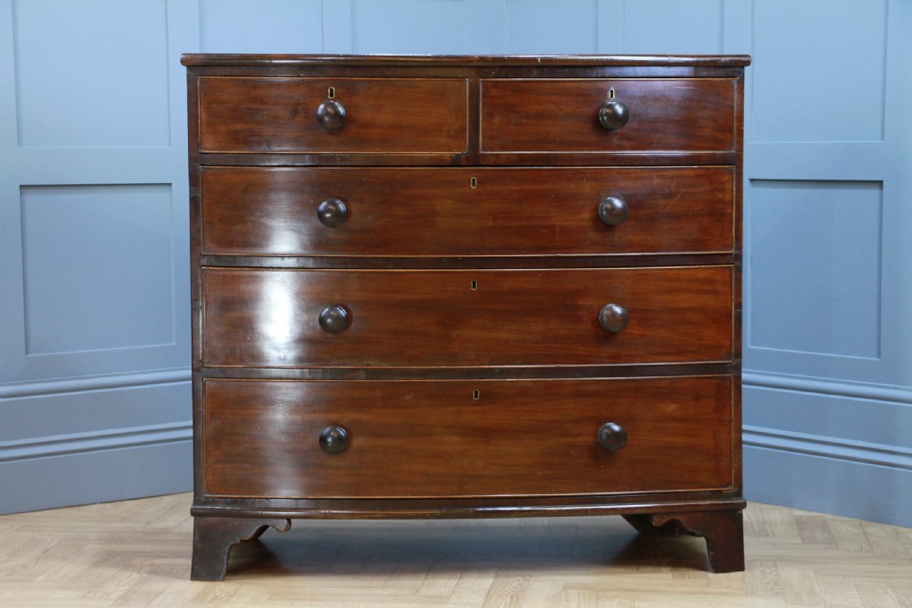 Antique Original Georgian Large Bow Front Solid Mahogany Chest of 5 Drawers 1830 View V