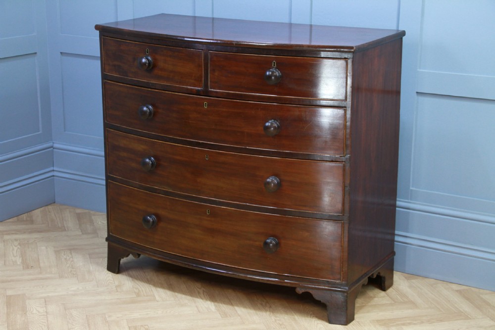 Antique Original Georgian Large Bow Front Solid Mahogany Chest of 5 Drawers 1830 View VII