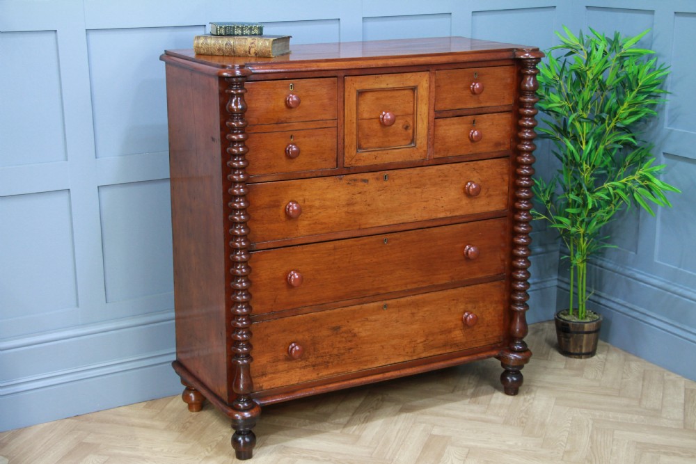 Original Antique Victorian Bobbin Turned Mahogany Scottish Chest of 7 Drawers View II