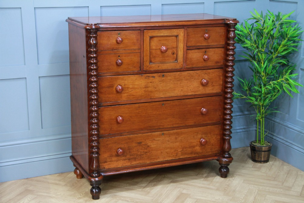 Original Antique Victorian Bobbin Turned Mahogany Scottish Chest of 7 Drawers