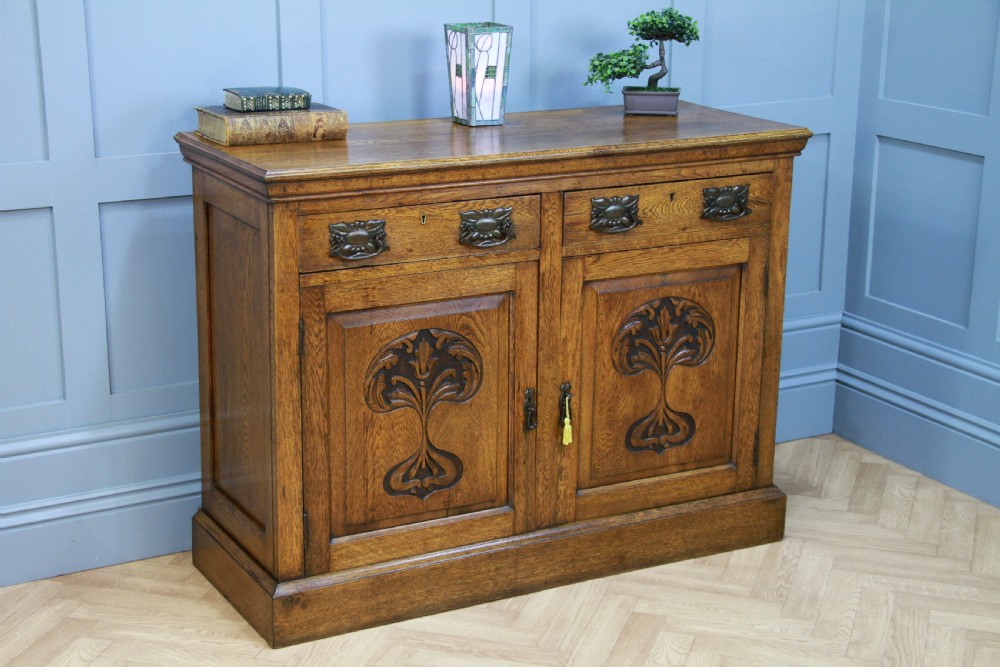 Original Antique Edwardian Art Nouveau Solid Meduim Oak Carved Sideboard C1915 View VIII