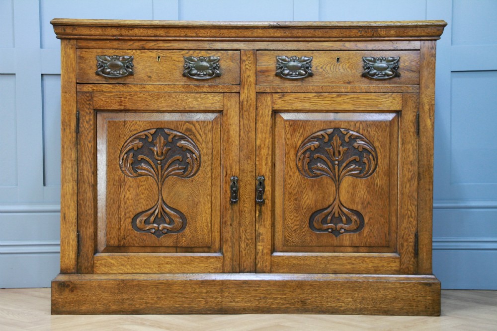 Original Antique Edwardian Art Nouveau Solid Meduim Oak Carved Sideboard C1915 View III