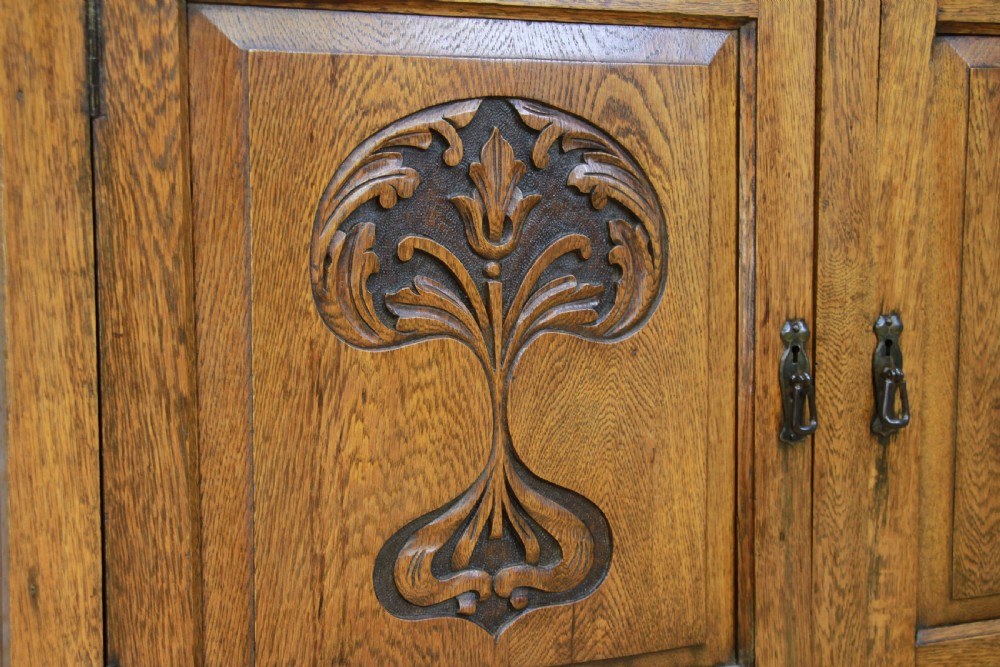Original Antique Edwardian Art Nouveau Solid Meduim Oak Carved Sideboard C1915 View IV