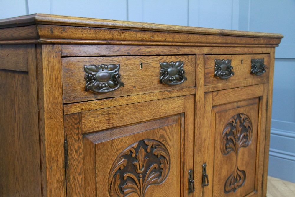 Original Antique Edwardian Art Nouveau Solid Meduim Oak Carved Sideboard C1915 View V