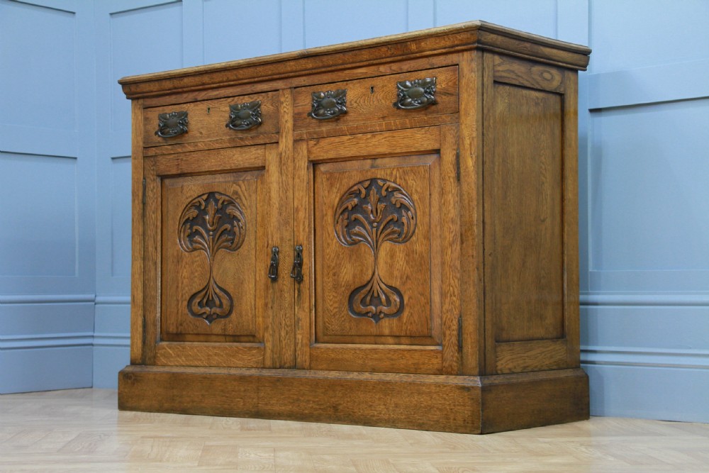 Original Antique Edwardian Art Nouveau Solid Meduim Oak Carved Sideboard C1915 View VI