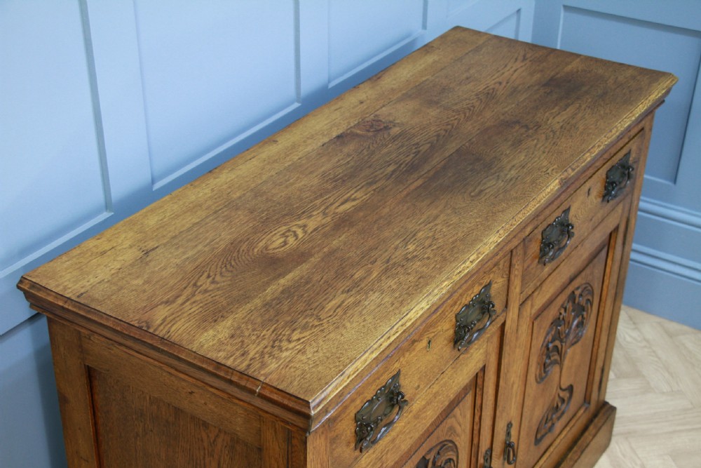 Original Antique Edwardian Art Nouveau Solid Meduim Oak Carved Sideboard C1915 View IX