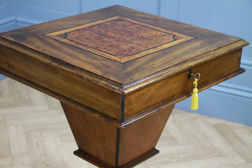 Antique Victorian Mahogany & Burr Yew Wood Inlaid Sewing Table Side Lamp C1860 View III