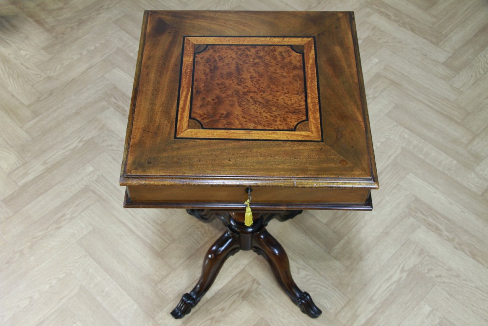 Antique Victorian Mahogany & Burr Yew Wood Inlaid Sewing Table Side Lamp C1860 View IV