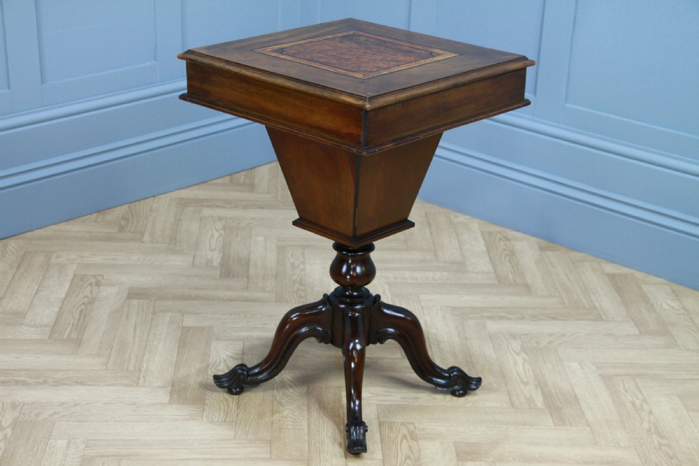 Antique Victorian Mahogany & Burr Yew Wood Inlaid Sewing Table Side Lamp C1860 View X